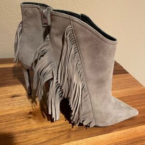 All Saints Gray Fall Fringe Suede Ankle Booties